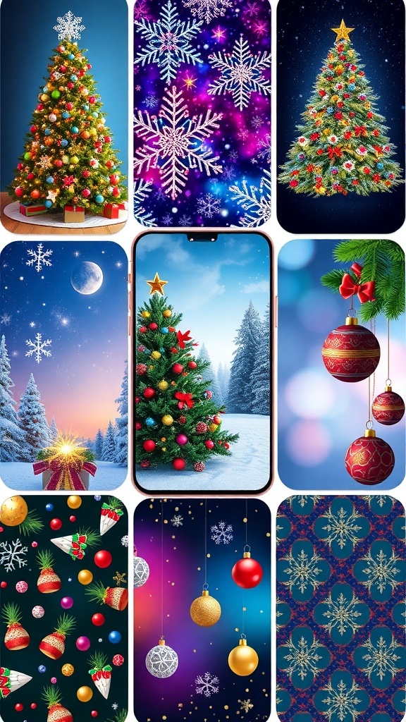 A selection of Christmas wallpapers for iPhone featuring festive designs.